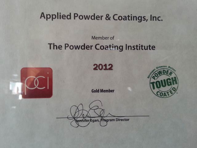 Applied Powder Coating Institute Gold Member Certificate